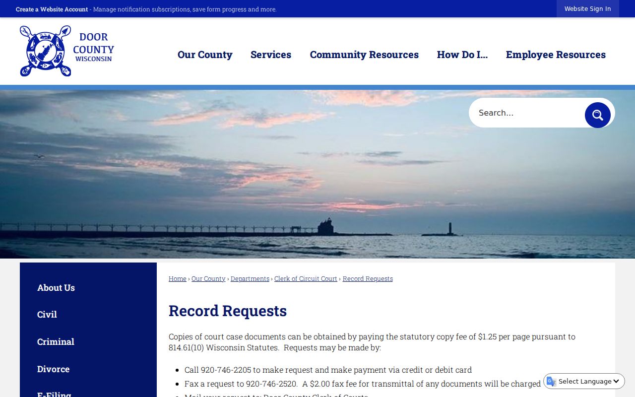 Door County court record copy and certification instructions