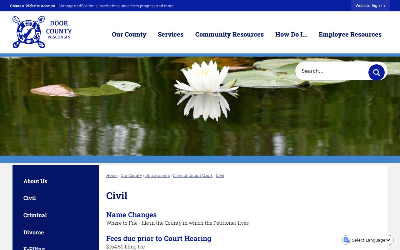 Door County civil docket name-change and injunction instructions