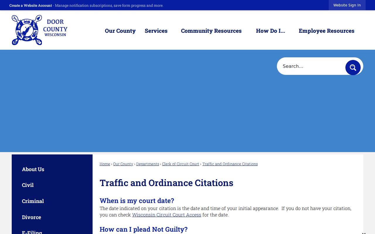 Door County traffic ticket initial appearance and plea instructions
