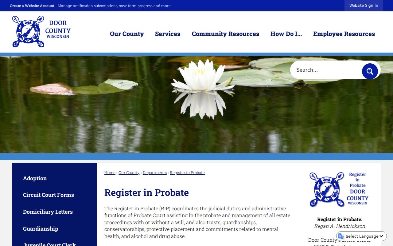 Door County probate court records and Register in Probate