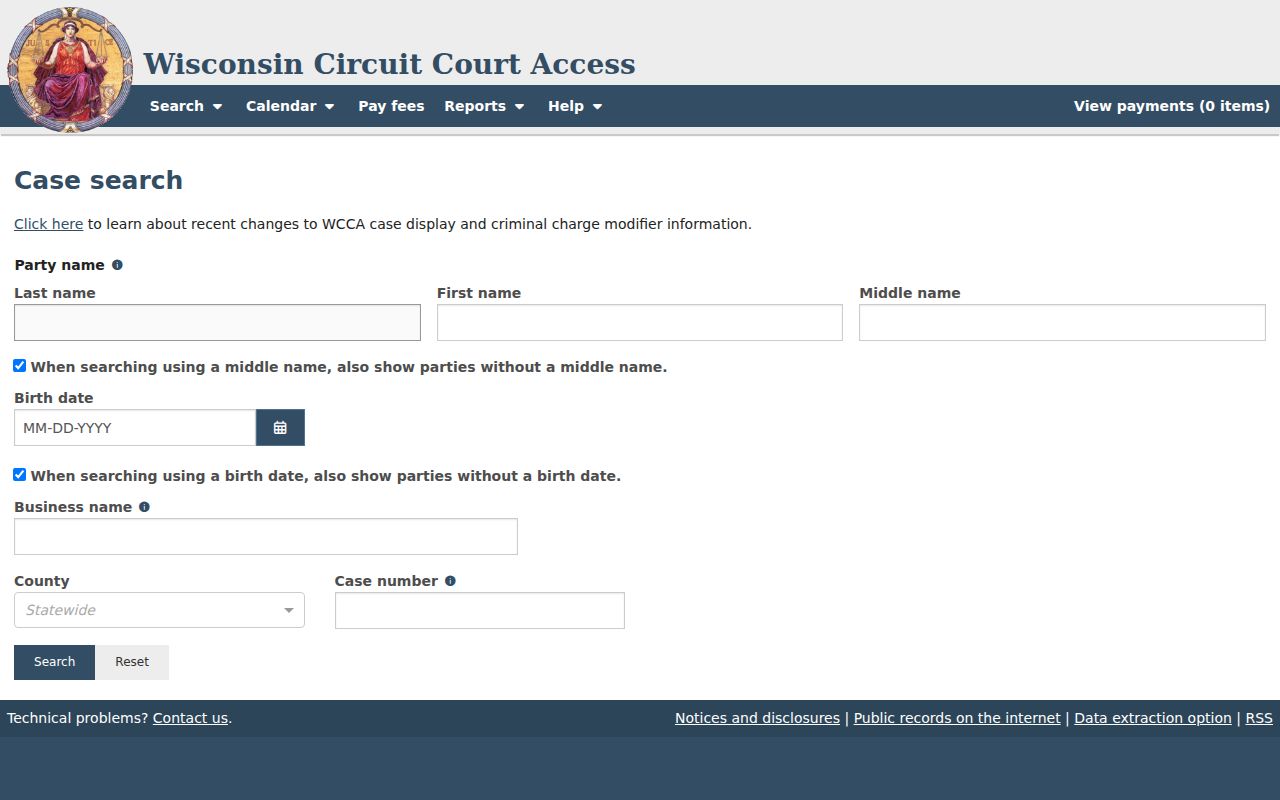 Door County court docket fields in the WCCA simple search